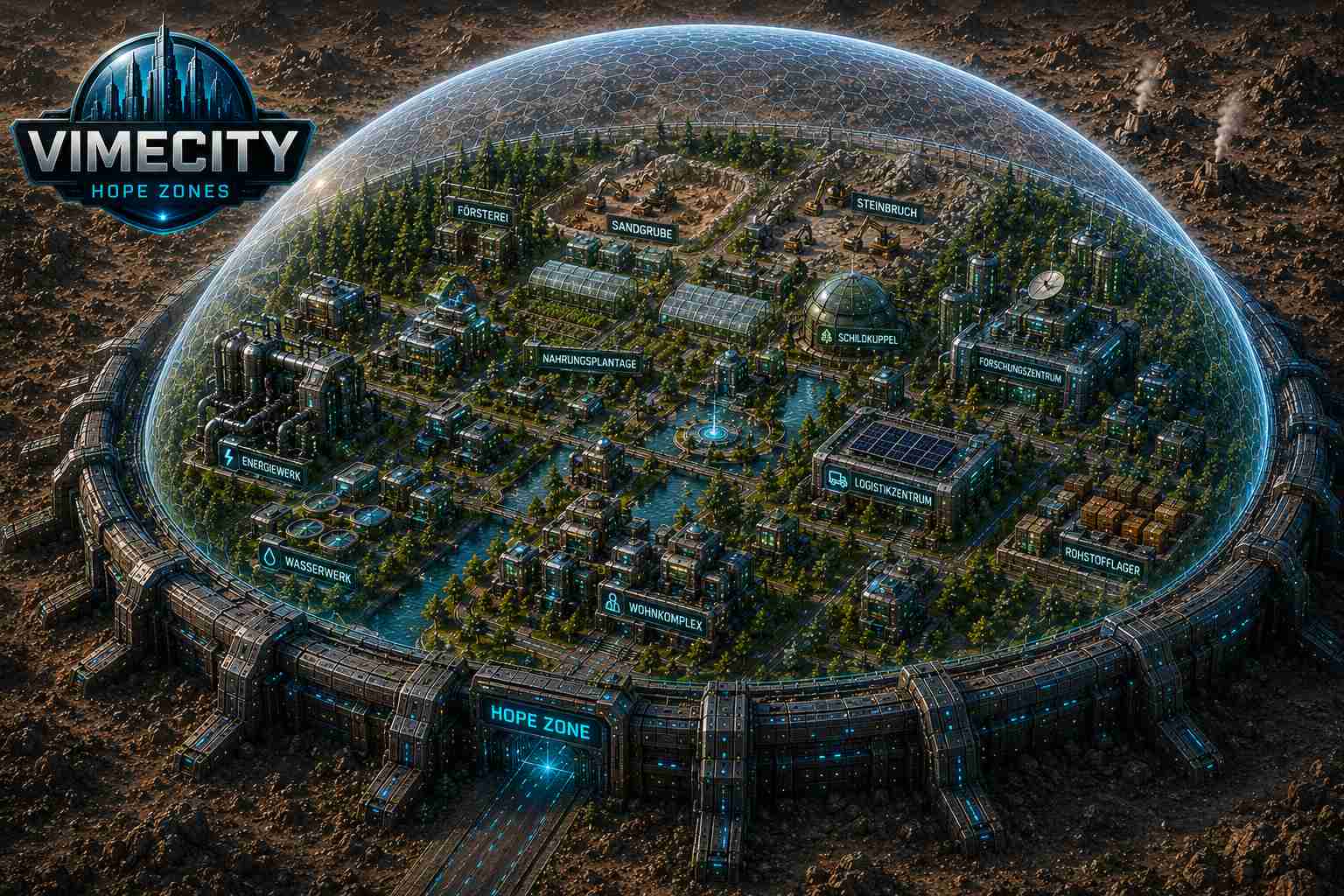 VimeCity Spielübersicht mit Ressourcen, Siedlung und Missionen